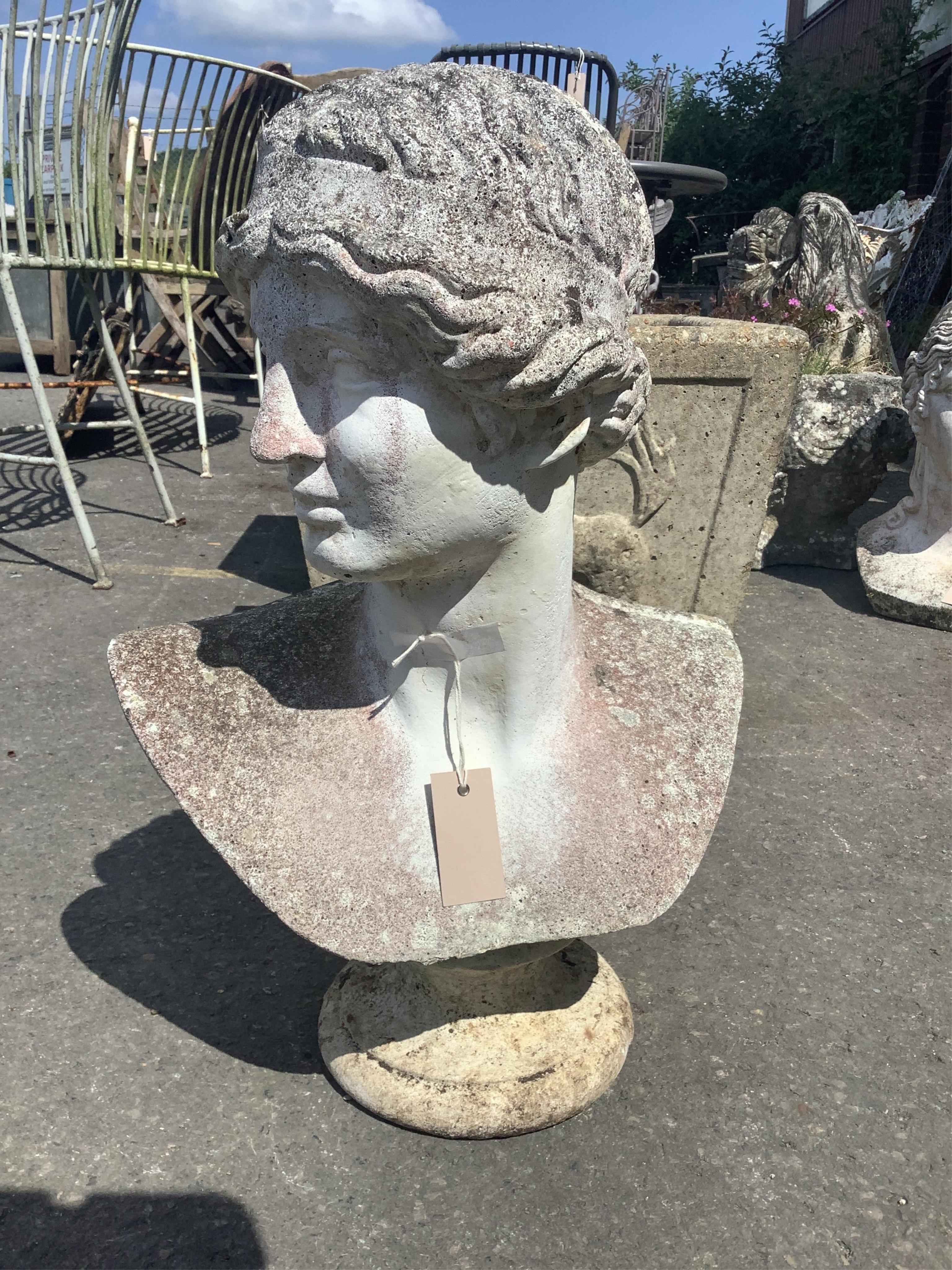 A reconstituted stone classical bust garden ornament, height 58cm